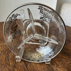 Vintage Crystal Bowl With Sterling Silver etched Flowers divided three parts 7"